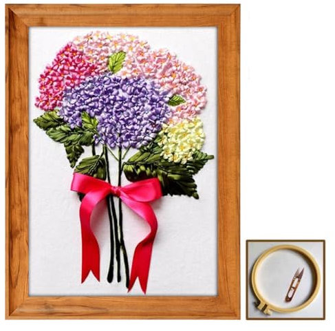 N.LANSHAN 3D-Bandstickerei-Set. Buntes Hortensien-Stickset Für Anfänger. Umfassendes Stick-Starter-Set Mit Anleitung，Stickrahmen，Garn Und Werkzeug. 40x50cm