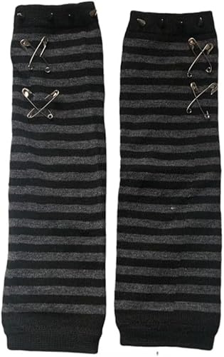 Damen Gestreifte Armwärmer mit Spikes Zubehör - Y2K Gestrickte Lange Fingerlose Handschuhe Punk Gothic Rock Emo Fäustlinge Japanische Harajuku Lolita Cosplay Kawaii Daumenloch Handschuhe, grau, One