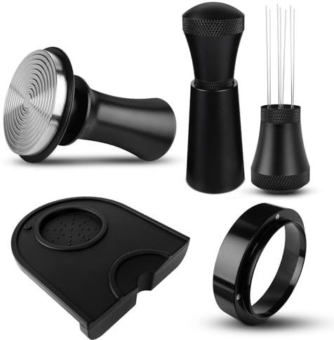 Kaffee Tamper 51mm, Tamper set inkl. WDT Tool, Dosierring 51mm, Tampermatte, Druckregulierender 51mm Tamper aus Edelstahl mit Base Ripple, Aufgerüstet WDT Tool Espresso Nadel mit 7 Feinen Nadeln