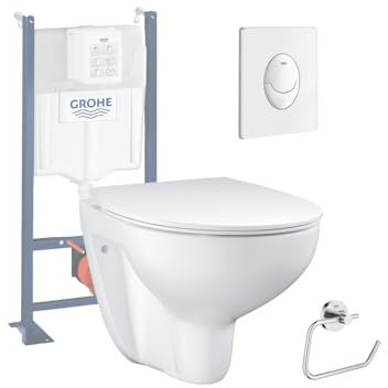 Pack WC sans bride Bau Ceramic avec abattant slim + Bâti support WC Rapid SL + plaque de commande Start ovale blanc alpin Grohe