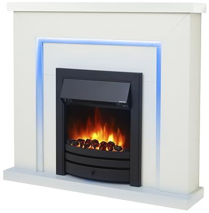 Endeavour Fires Bempton 42 Electric Fireplace Suite with Flame Effect & Coal Bed, Remote Control, Custom Surround, 13-Colour LED Lighting, Eco Heater, White Top/White Hearth/Black Fire