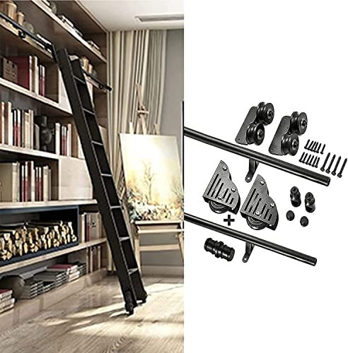 Komplettset mit Rollleiter-Hardware-Bibliothek, Schiebeleiter-Hardware-Kit (ohne Leiter), mit Bodenrollen, mobilen Leiterschienen aus rundem Stahlrohr (Größe: 20 Fuß/600 cm Schienen-Kit)