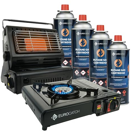 Eurocatch Cocina de gas y estufa - Juego de camping - incl. 4 bombonas de gas - buses de gas butano - Calefacción