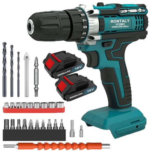 21V Cordless Drill, 42Nm Hammer Drill with 2X 3000mAh Battery, 25+1 Torque Power, 2-Speed 1400rpm Electric Impact Screwdriver Set, LED Light, Power Tools for Home and Garden