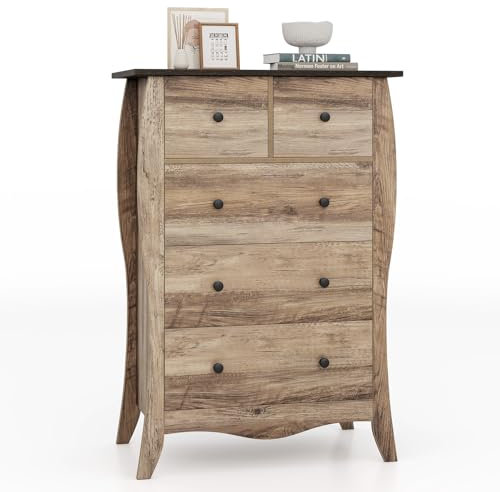 COSTWAY Kommode mit 5 Schubladen, Sideboard im Landhausstil mit klappbaren Stoffschubladen, Aufbewahrungsschrank aus Holz, Schubladenschrank für Wohnzimmer, Schlafzimmer (Braun)