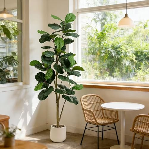 Artificial Fiddle Leaf Fig Tree 7FT, Large Realistic Faux Ficus Lyrata Plant with Pot Large Faux Plant for Indoor Outdoor Home, Office, Living Room, Bathroom Decor