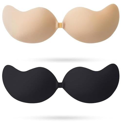 XcnPer Sticky Push Up Bra, 2 Pairs Adhesive Bras for Women, Invisible Bra for Low Cut Dresses, Stick On Bras with Lift Support, Perfect for Weddings Parties and Special Occasions Beige
