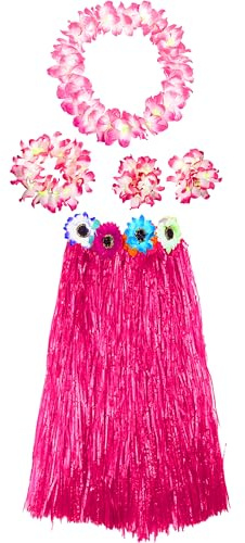 Hawaii-Kostüm für Damen, Set mit Rock, Halskette, Stirnband und Hawaiiarmbändern, für Kostüm, Blume, Erwachsene, Karneval, Halloween, Fuchsia, Rock / 80 cm