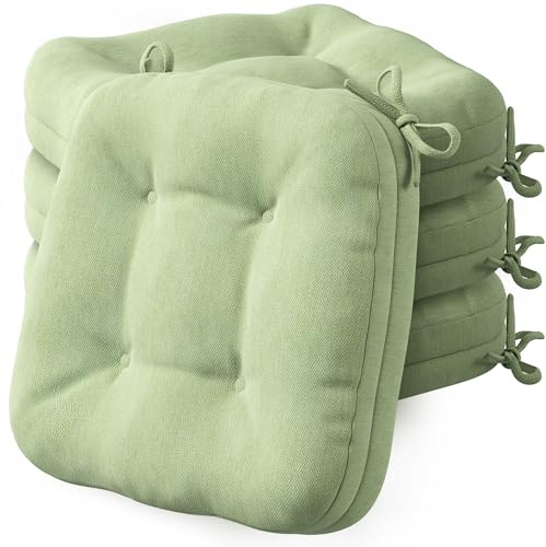 Codi Chair Cushions 4 Pack - Water Resistant Indoor/Outdoor Seat Pads with Ties, Thick Non-Slip Seat Cushions for Garden, Dining and Kitchen Chairs, 40×40cm - Sage