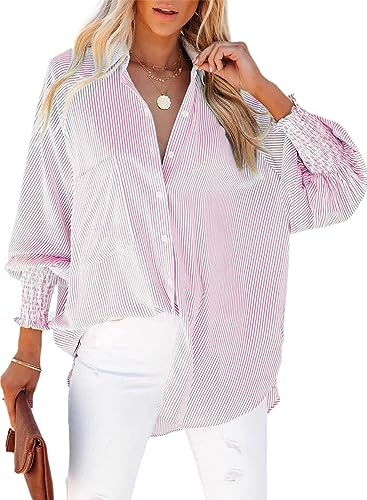 Chicrise Blusa de Manga Larga para Mujer, diseño a Rayas, con Botones, Talla Grande, Ligera, con Bolsillo, Camisa básica Informal, Rosa., L
