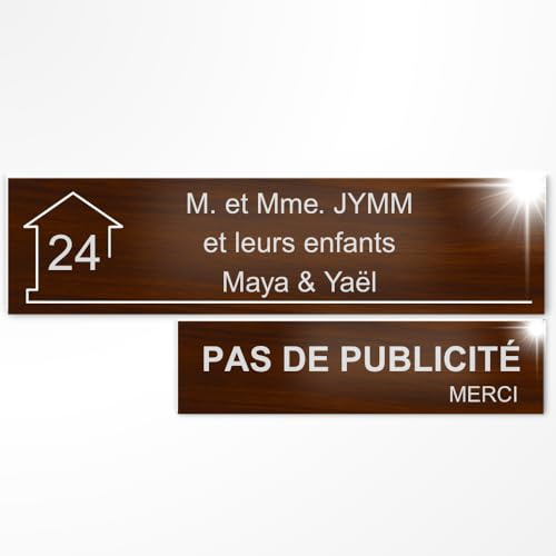 Plaque Boîte aux Lettres et Stop Pub Personnalisée Bois/Blanc | Lot de 2 Plaques boîte aux lettres et Pas de Publicité , Gravure Laser, 22 Couleurs, Avec ou Sans Motif, Adhésif 3M
