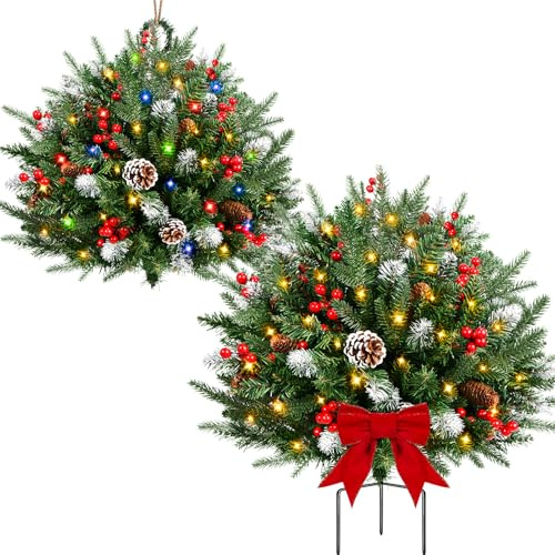 Set of 2 30 Inch Pre-lit Outdoor Christmas Tree, Hangable Decor, Timer, Multi-Color Lights,Battery Operated,Artificial Xmas Urn Filler,Holiday Porch Decorations for Pathway,Yard, Garden,Flower Beds
