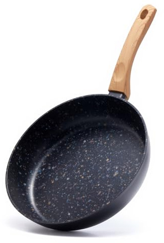 Jovire Nonstick Skillet with Wooden Handle - Induction Ready Ceramic Coated Aluminum Frying Pan, PFOA Free, All Stovetop Compatible, Oven Safe (Black, 28cm)