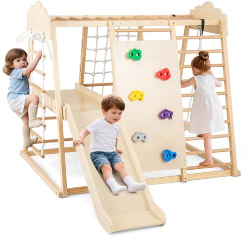COSTWAY 8 en 1 Aire de Jeux d'Escalade Intérieure en Bois avec Toboggan Amovible & Balançoire, Triangle d'Escalade Montessori Enfant avec Filet & Échelle Montessori, Charge 140kg pour 3 Ans+ (Naturel)