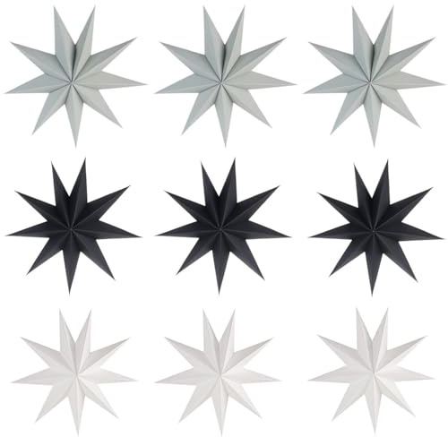 Shalwinn 6 estrellas de papel para decoración navideña, escandinavas, 9 puntas, negro, blanco, gris, 30 cm