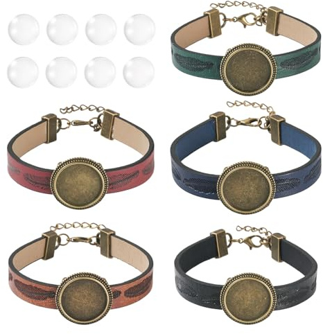 Craftora 5-teiliges Set zur Herstellung von Armbändern aus PU-Leder, Vintage-Legierung, Kuppel, blanko, Glas-Cabochon-Tablett, Armreif für Bastelarbeiten, Schmuckherstellung, Fotoeinstellung