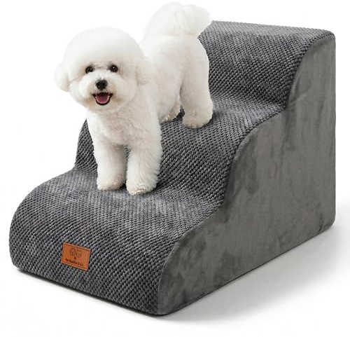 Dog Steps for Bed – Non-Slip Dog Steps for Sofa, High Density Foam Pet Stairs for Small Dogs & Cats – Removable Washable Cover – Grey 3 Step (60 × 40 × 40 cm)