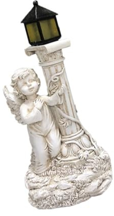 BESPORTBLE Statua di Angelo su Pilastro Romano in Resina Decorazione Luminosa Solare da Giardino Lampada Solare da Esterno Resistente alla Pioggia per Cortile e Terrazzo