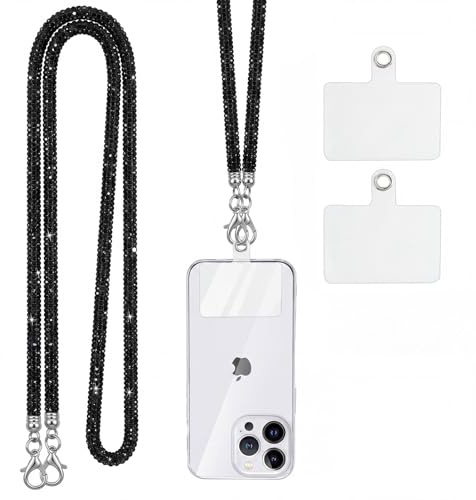 Knrlqim Cordon Telephone Portable Universelle avec 2 Patchs,Strass Scintillants Lot de Universal Chaine Telephone Portable Collier de Longe, Compatibles avec Plupart des Smartphones, Noir