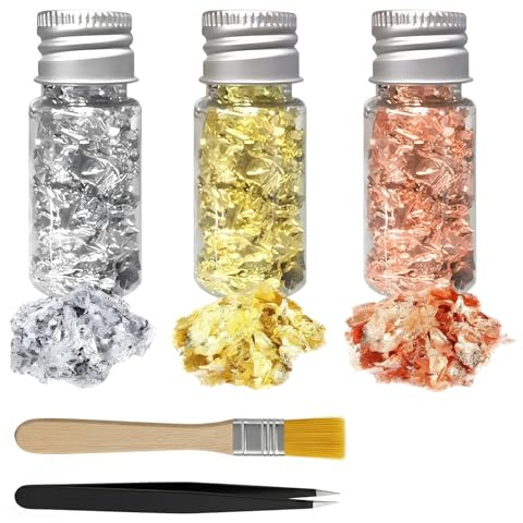 QAWSAF 3 Stück Blattgold Flaschen-Set,Blattgold Zum Basteln,Blattgold Flocken,Multifunktion,Goldfolie Dekoration,Für Mousse-Kuchen,Backen,Schokolade,Kunsthandwerk Dekoration (Gold+Silber+Roségold)