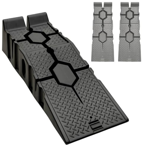 IBRIQO® Rampas Elevadoras para Coche, Juego de 2, Plástico Composite, Capacidad 2,5 Toneladas, Antideslizantes, con Tope de Seguridad, para Talleres y Garajes