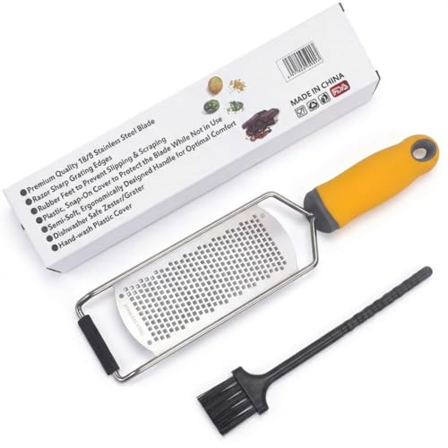 Pitycbo Stainless Steel Grater Cheese Shredder Handheld Utensil with Fine Etched and Comfortable Handle Suitable for Cooking Kitchen, Yellow, L with Brush & Box