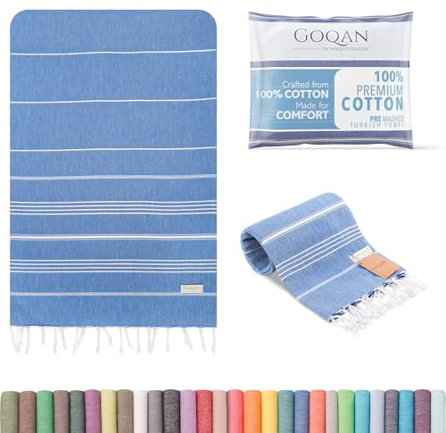 realgrandbazaar GOQAN Turkish Beach Towel Oversized 39x71 | Thin, Lightweight, 100% Cotton and Sand Free Towel is Suitable for Beach, Bathroom, Pool, Travel, Swim, Gift - Azure