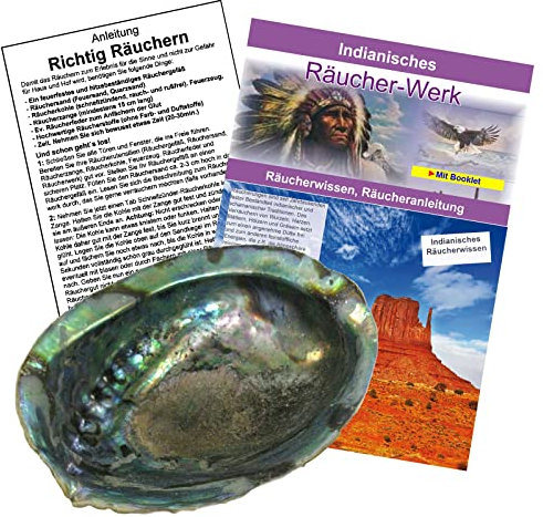 Räuchern Zubehör mit Räuchermuschel/Räucherschale aus Seeopal 13-16 cm 3-TLG Räucherset zum indianisch & schamanisch Räuchern mit Anleitung + Räucher Booklet. 81334
