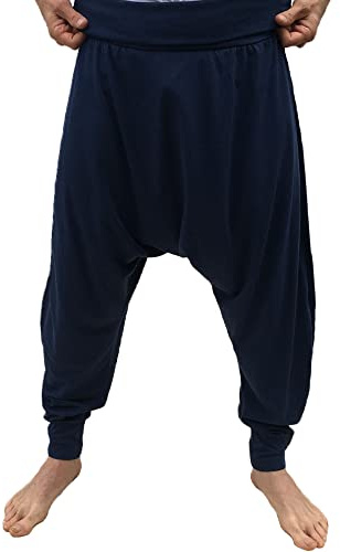 SAVARI | Harem Byxor utan fickor | Etniska | Bekväm | Idealiska byxor för yoga, pilates och dans | Unisex | Lågt kast och bred midja | Slät | Marinblå | Storlek L | Stora storlekar tillgängliga