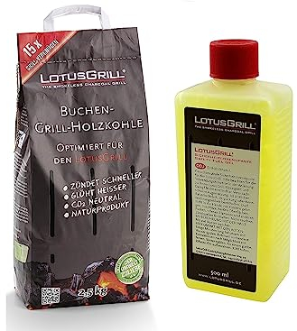 LotusGrill Buchenholzkohle 2X 2,5 kg Sack inkl. LotusGrill Brennpaste 500 ml, beides entwickelt für raucharmes Grillen mit dem LotusGrill