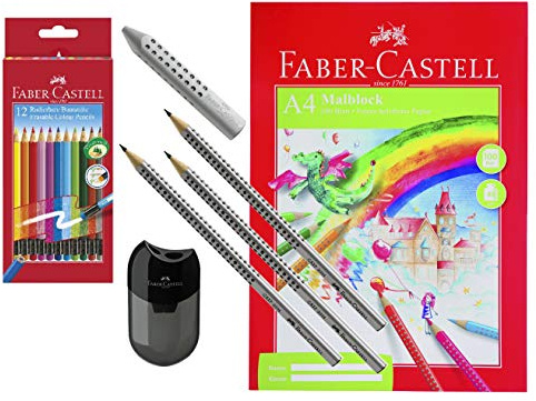 Faber-Castell Doppelspitzdose + Malblock A4 + Dreieckradierer GRIP + 3x Bleistift GRIP 2001 HB + 12er Etui Farbstifte RADIERBAR
