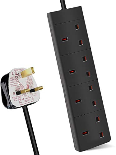 ExtraStar 4 Way Extension Lead, 13A Fused UK Plug Extension Socket, 3M Extension Cable Power Strip - Black