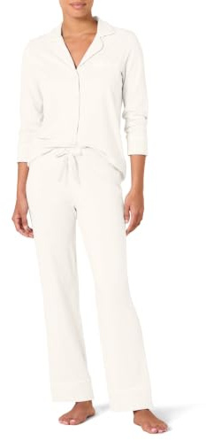 Amazon Essentials Camicia a Maniche Lunghe in Modal di Cotone e Pigiama a Tutta Lunghezza Donna, Bianco, XS