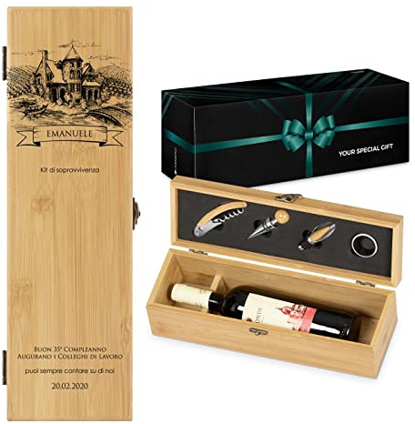 Maverton Cofanetto Porta Vino Amore Completo di Accessori | Set Cavatappi da Vino Personalizzato, Scatola in legno di bambù + 4 pezzi di Accessori Vino, regalo uomo, Kit