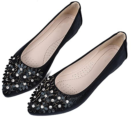Hee grand Foldable Ballet Flats for Women Rhinestones Flower Casual Flats Pointed Toe Crystals Shoes Slip on Loafers,Black 9