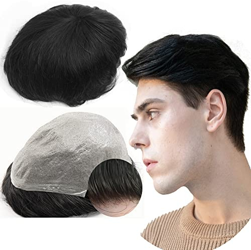 Echthaar Toupet für Männer, Glattes Haar 0,04-0.06mm V-Loop PU Super Dünn Haut Haarsystem Yanaair Europäische Echthaarteile Toupet Echthaar Perücke Mann(10 x 8,#1 Tiefschwarz)