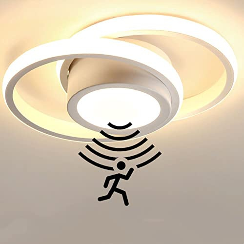 LED Deckenlampe mit Bewegungsmelder 32W Modern Innen 2 Ring Sensorlampe Deckenleuchte mit Tageslichtsensor Flur Deckenbeleuchtung mit Sensor für Treppe Wohnzimmer Balkon Küche BüRo Lampe,Weiß 3000k