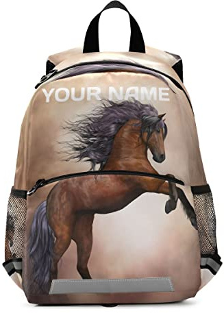 Mnsruu Rucksack mit individuellem Namen, personalisierbar, für Jungen und Mädchen, braunes Pferd, Rucksack, Kindergarten, Vorschule, Kindergarten, Reisetasche, mehrfarbig, M