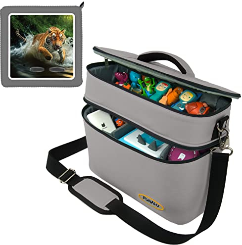 PUNALU große Tasche für Toniebox inkl. Schutzfolie passend für Toniebox, Platz für 68 Tonies, Set Toniebox Tasche + Toniebox Aufkleber (Tiger)