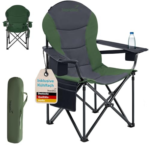 Skandika Campingstol, Relax Comfort | Bekväm fällstol med mugghållare och kylfack, upp till max. 160 kg, vikbar, lätt | vikbar stol för camping, camping, festival, fiske (grön/grå)