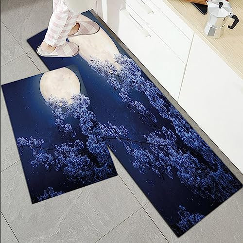 Küchenläufer Küchenmatte 2 Stück 45x70cm+45x120cm,Nachthimmel, Vollmond Kirschblüte Sakura Zweig Milchstraße Stern Nächt,Rutschfest Pflegeleicht, Anti-Müdigkeit Küchenteppich Teppich Läufer für Küche