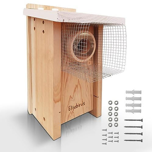 Elijebirds- Casa para pájaros Bluebird con techo pintado de blanco y protector Noel, casas para pájaros para exteriores, casas para pájaros para exteriores, caja de madera para nido de pájaros azules.