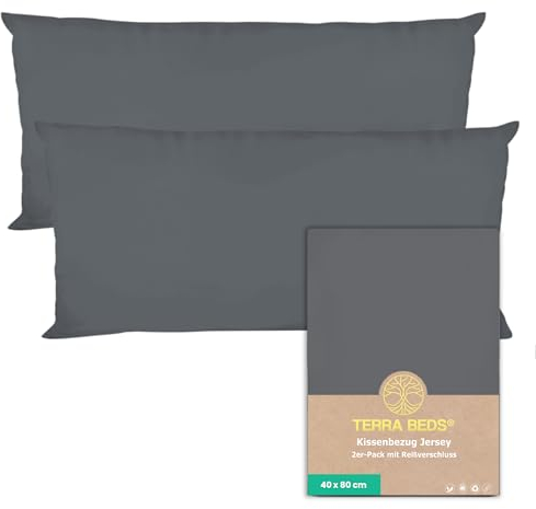 Terra Beds Kissenbezug 40 x 80 (Set mit 2) - 100% Baumwolle Jersey 160 g/m², Oeko-Tex Zertifiziert - Kopfkissenbezug 40x80 für kissen 40x80 mit Reißverschluss, weich und atmungsaktiv -(Anthrazit Grau)