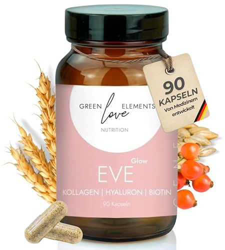 Genesis EVE Glow – Kollagen Komplex mit Hyaluronsäure, Biotin & Vitamin C – Hochdosiert Kollagen Peptan F 2000 HD – Hyaluronsäure Kollagen Komplex – Collagen Capsules – In Deutschland produziert.