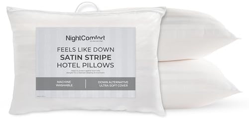 Night Comfort Satin Stripe White Pillow - Hypoallergenic Soft Support, Microfibre Pillows for Front and Stomach Sleepers, Filled with Bouncy Hollowfibre, Big Pillows for Bed (Pack of 2, Soft - 500g)