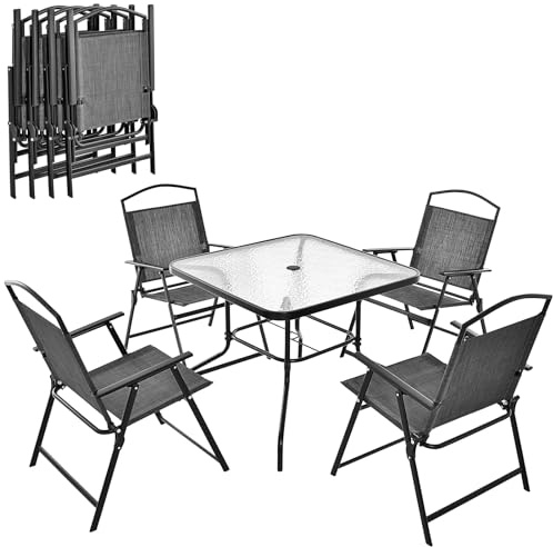 KOMFOTTEU 5-teiliges Gartenmöbel Set, Terrassenmöbel Sitzgruppe inkl. Gartentisch mit Schirmloch & 4 Klappstühle aus Textilene-Stoff, Balkonmöbel Balkontisch Gartenstuhl für Terrassen