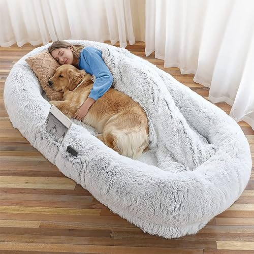 Menschliches Hundebett for Erwachsene und pelzige Freunde, Hundebett for große Hunde - Hundekissen, Warmes und bequemes Hundebett in Menschengröße, Abnehmbare Couch, waschbar, Grau, 190*120*35CM ( Col