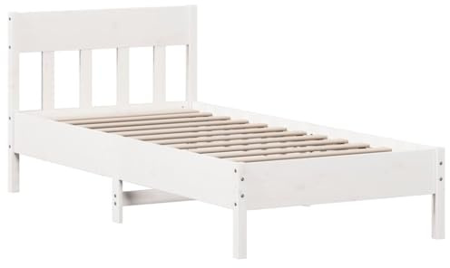 vidaXL Massivholzbett, Holzbett Bett mit Kopfteil, Bettgestell mit Lattenrost, Doppelbett Bettrahmen Schlafzimmerbett, Weiß 135x190cm Massivholz Kiefer