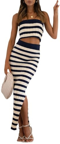 Häkelstrick-Rock-Set für Damen, Sommer, bauchfreies Top, figurbetont, hohe Taille, Maxi-Rock, Strandkleid, 2-teiliges Set, Streifen, Schwarz, Klein