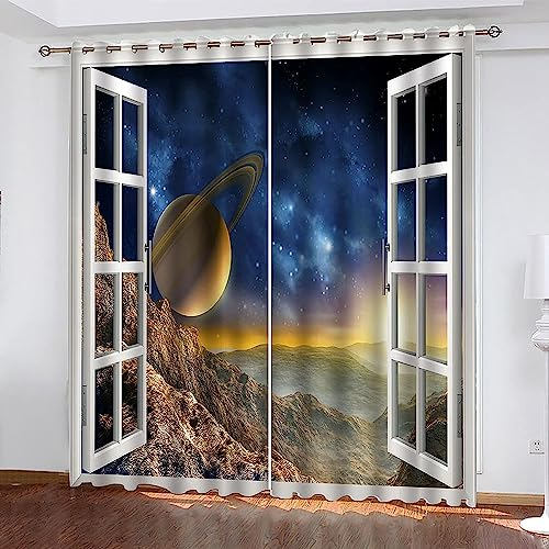 Vorhang Blickdicht Gardinen Mit Ösen - 2 Stücke 2 X 75 X 166 Cm Verdunklungsvorhänge 3D Fenster Sternenhimmel Landschaft Muster Thermovorhang Für Kinderzimmer Schlafzimmer Weihnachtsgardine -8Q3W2V2R4